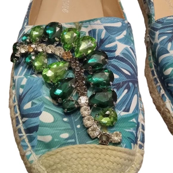 EUC 💎💎Jeweled 💎💎Tropical Palm Leaf Print Espadrille Flat | Women | Sz: 7 1/2